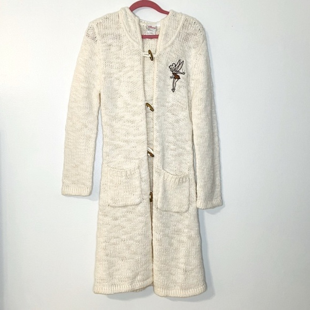 Disney Ivory Knit Tinkerbell Long Cardigan Hooded Sweater Duster Size Small